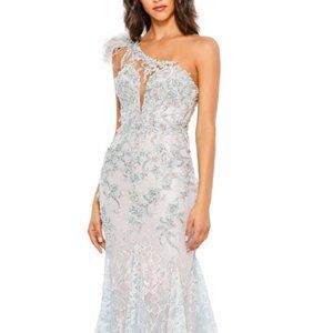 MAC DUGGAL 79264 EMBROIDERED APPLIQU FEATHERED ONE SHOULDER CRYSTAL BLUE GOWN 14